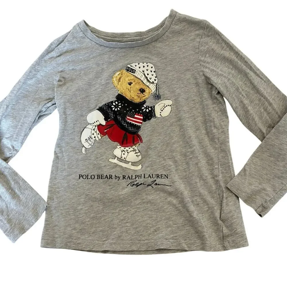 Polo Ralph Lauren Bear Girls Ice Skating Bear Long Sleeve Cotton Tshirt Y2K